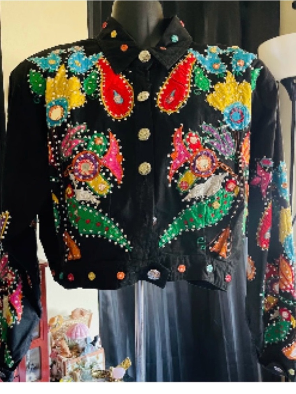 Embellished Black Jean Jacket with Multicolor Beadwork